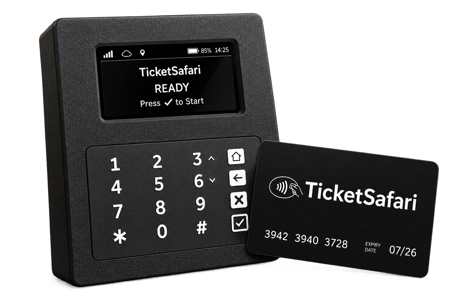 TicketSafari Card beside the TicketSafari smart payment device